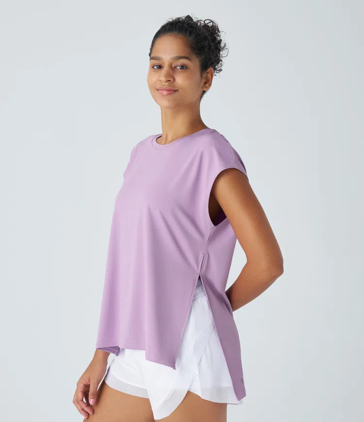 Short Sleeve Split High Low Running Sports Top - PURE-YOGA