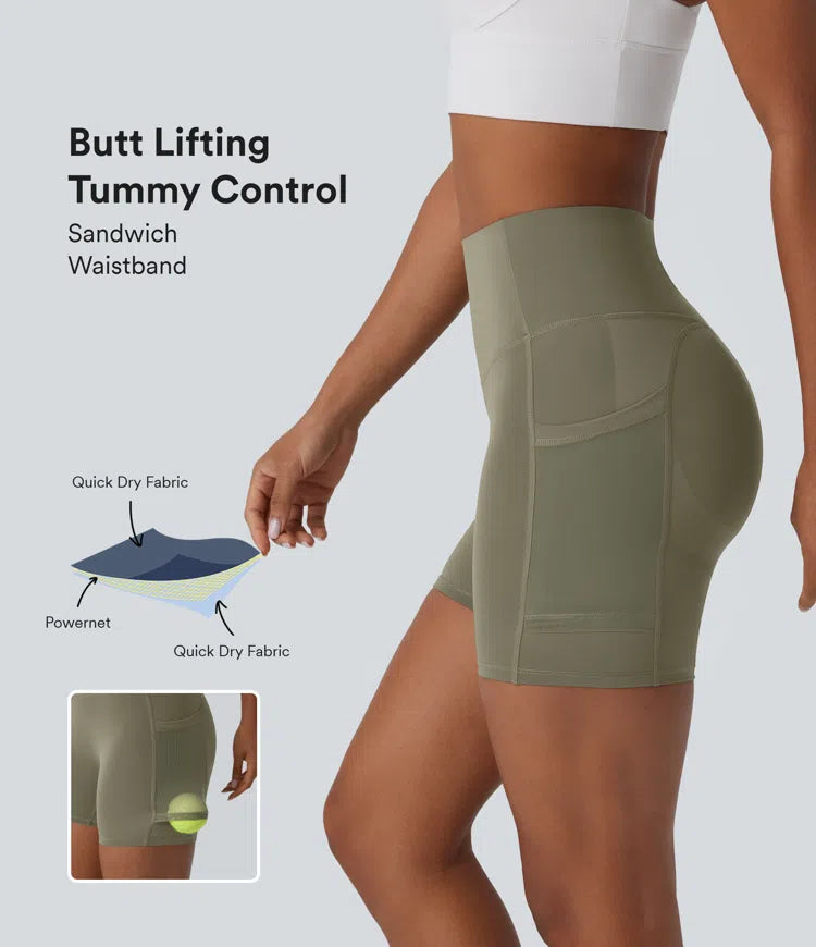 SpeedWave™ SoCinched High Waisted Tummy Control Butt Lifting Side Pocket Contrast Mesh Quick Dry Workout Biker Shorts 5'' - PURE-YOGA