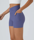 Ribbed Knit High Waisted Crossover Side Pocket Yoga Biker Shorts 3.5'' - PURE-YOGA