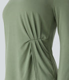 Scoop Neck Long Sleeve Ruched Split Hem Slim Yoga Sports Top - PURE-YOGA