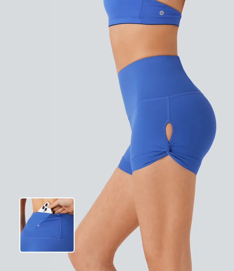 Softlyzero™ High Waisted Back Pocket Cut Out Twisted Yoga Biker Shorts 2.5''-UPF50+ - PURE-YOGA