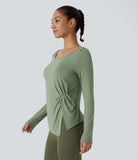 Scoop Neck Long Sleeve Ruched Split Hem Slim Yoga Sports Top - PURE-YOGA