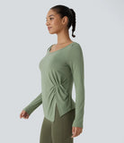 Scoop Neck Long Sleeve Ruched Split Hem Slim Yoga Sports Top - PURE-YOGA