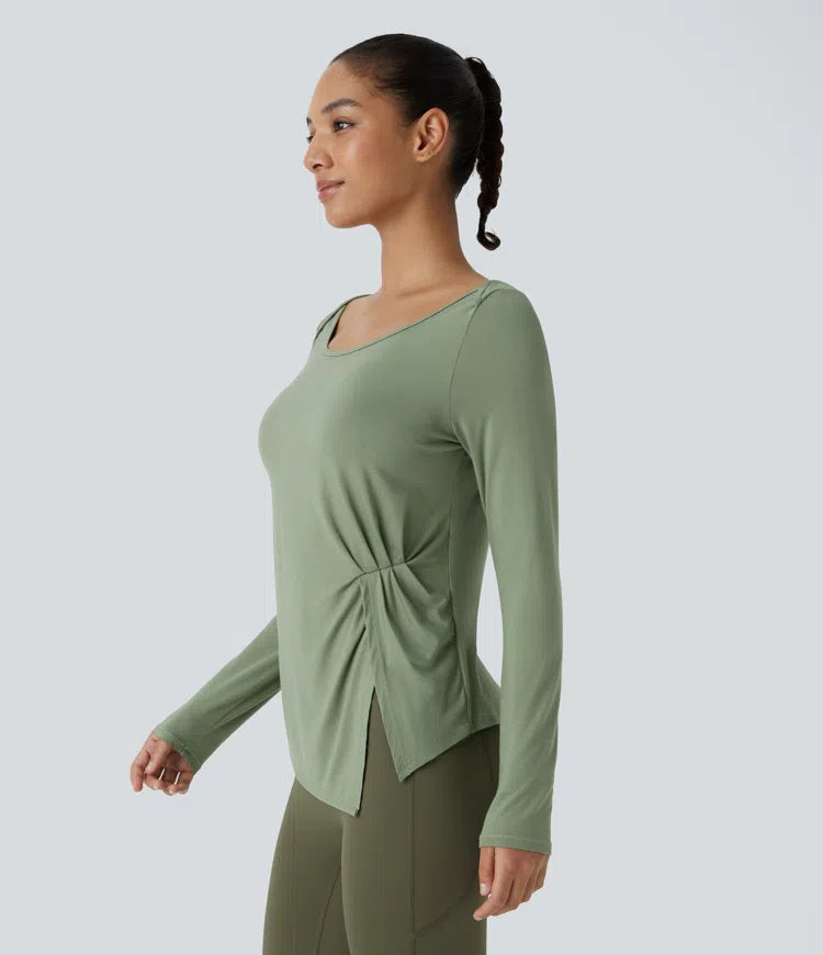 Scoop Neck Long Sleeve Ruched Split Hem Slim Yoga Sports Top - PURE-YOGA