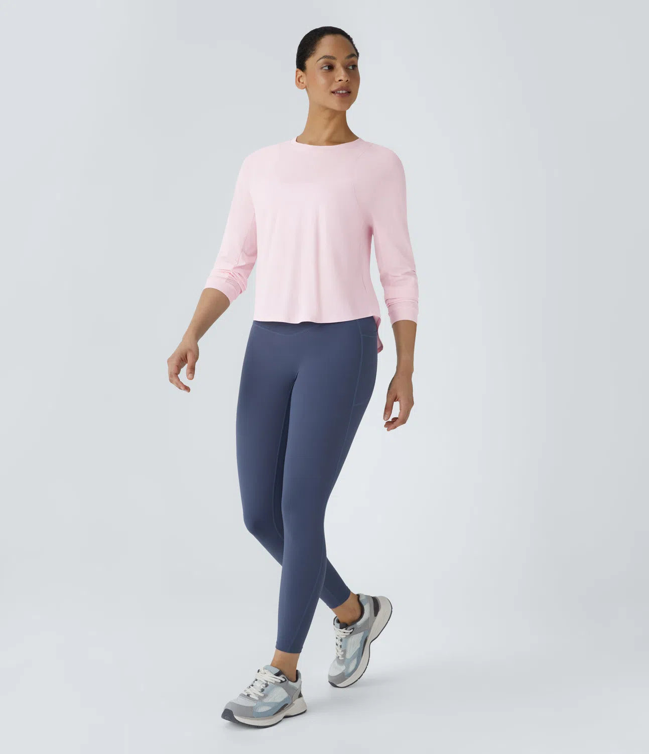 Round Neck Crossover Back High Low Curved Hem Hiking Sports Top - PURE-YOGA