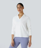 Polo V Neck Long Sleeve High Low Split Hem Yoga Sports Top - PURE-YOGA