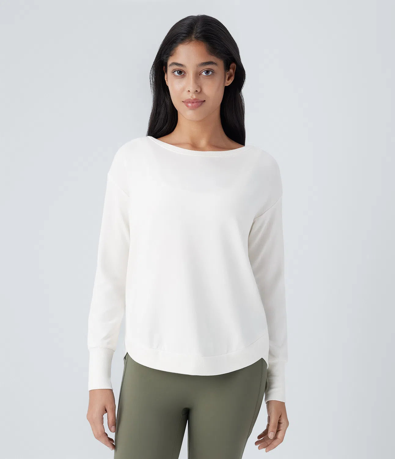 Boat Neck Long Sleeve Curved Hem Fleece Yoga Sports Top - PURE-YOGA