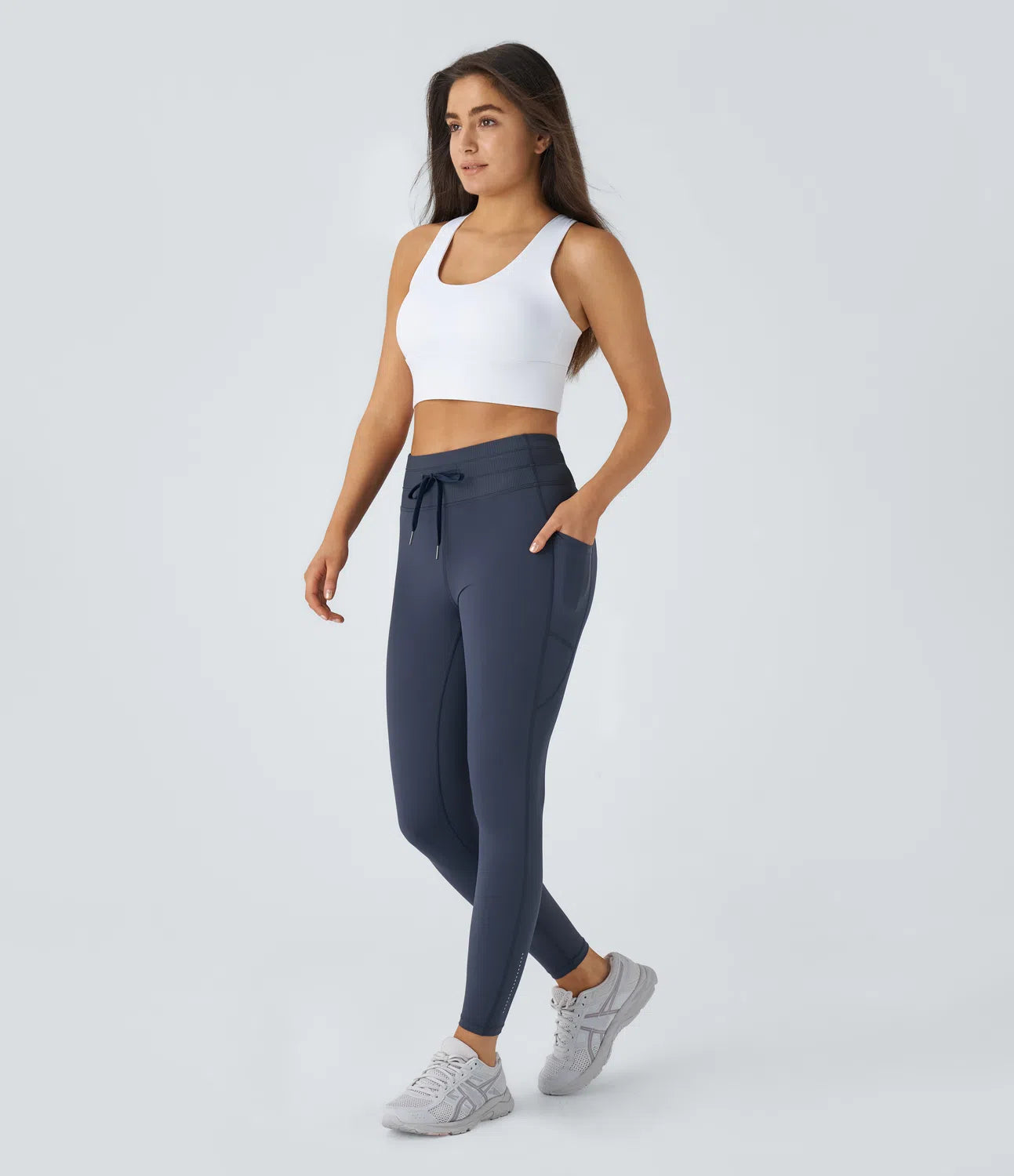 Pure-Yoga UltraSculpt™ Reflective Ribbed High Waisted Drawstring Side Pocket Running 7/8 Leggings - PURE-YOGA