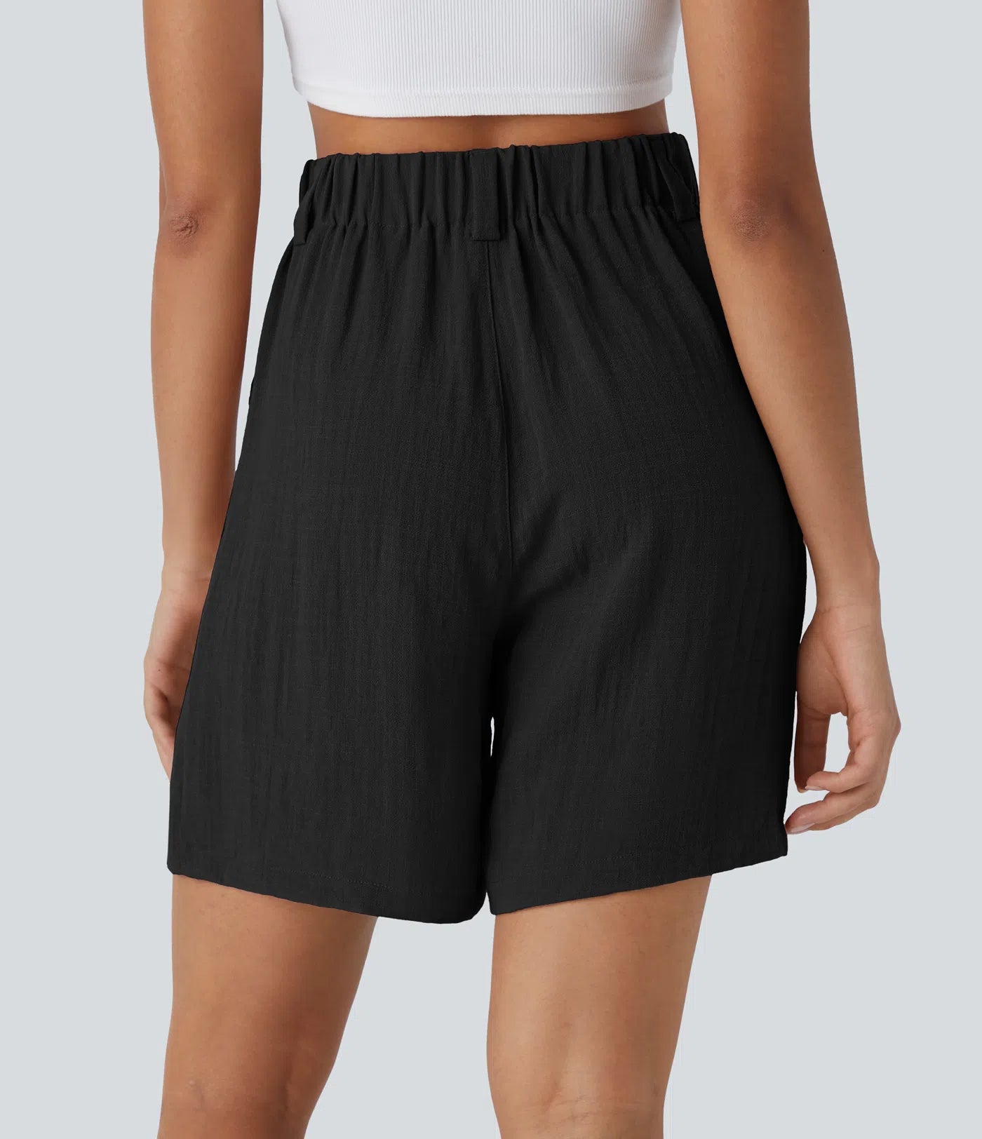 High Waisted Side Pocket Wide Leg Casual Linen-Feel Bermuda Shorts - PURE-YOGA