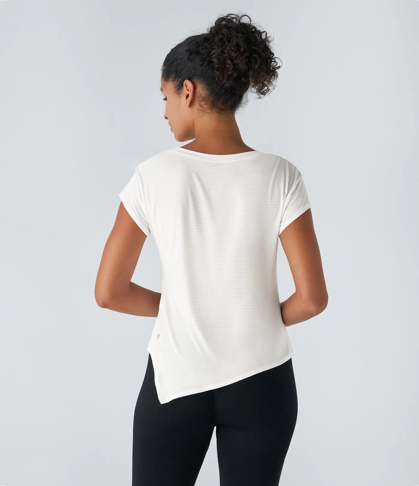 Sheer Round Neck Short Sleeve Split Asymmetric Hem Jacquard Yoga Sports Top - PURE-YOGA
