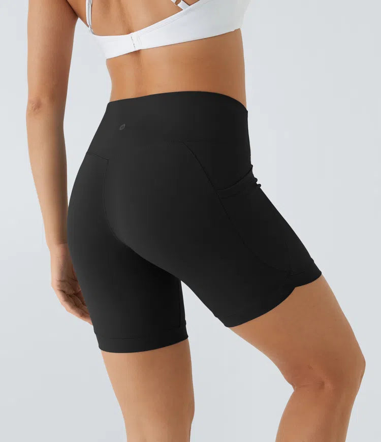 Softlyzero™ Airy High Waisted Side Pocket Crossover Hem Cool Touch Yoga Biker Shorts 7''-UPF50+ - PURE-YOGA