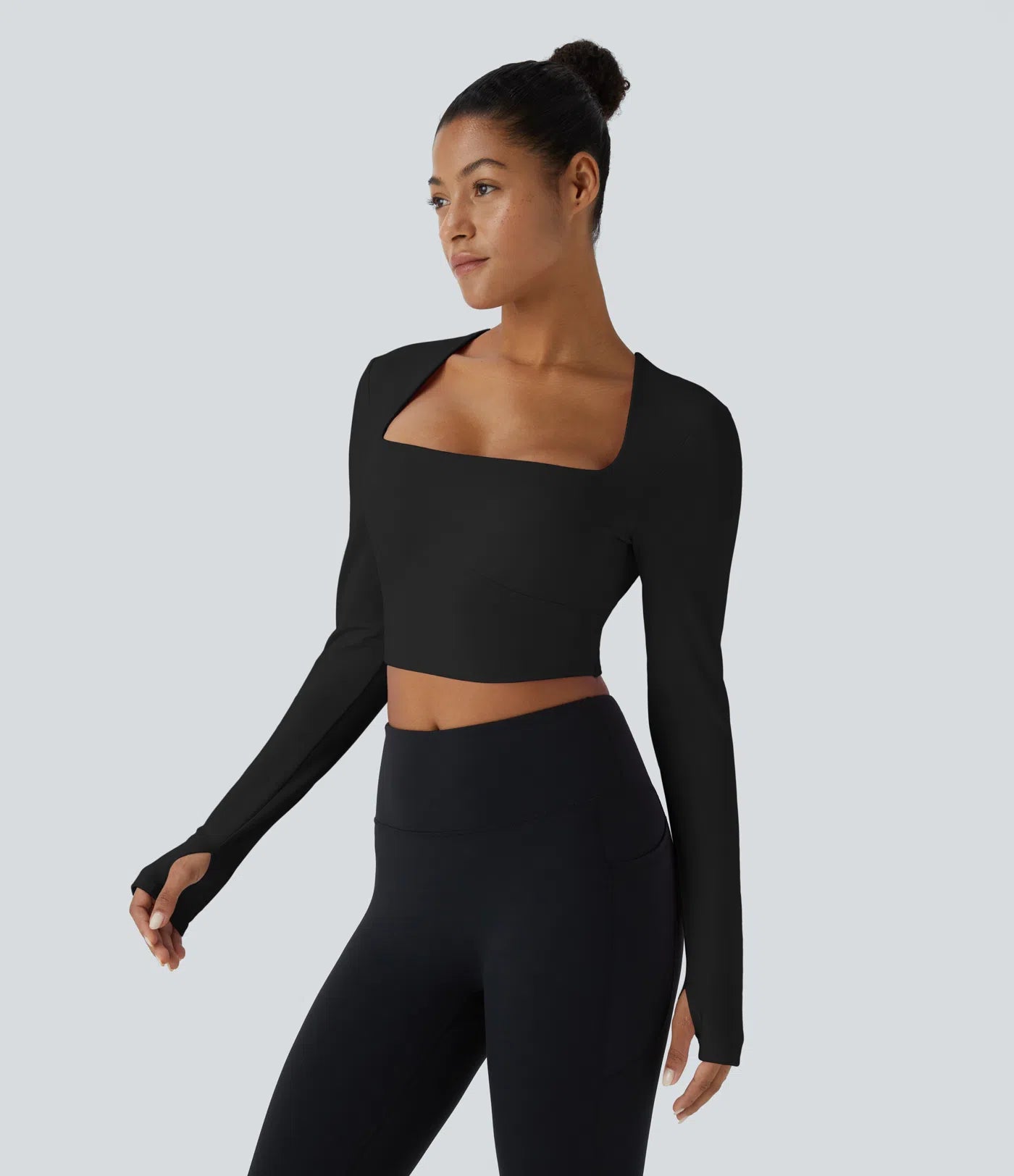 Softlyzero™ Plush Square Neck Backless Long Sleeve Thumb Hole Cropped Yoga Sports Top - PURE-YOGA