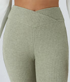 Ribbed Knit Crossover High Waisted 7/8 Casual Leggings - PURE-YOGA