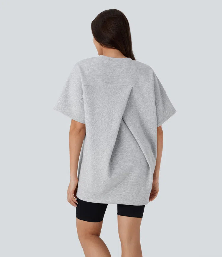 Round Neck Short Sleeve Side Pocket Oversize Casual Sports Top - PURE-YOGA