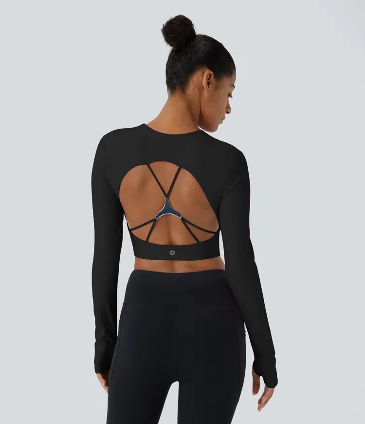 Softlyzero™ Plush Square Neck Backless Long Sleeve Thumb Hole Cropped Yoga Sports Top - PURE-YOGA