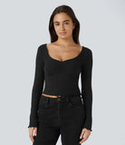 Ribbed Knit Frill Ruched Long Sleeve Cropped Casual Sports Top - PURE-YOGA
