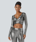 Softlyzero™ Faux Leather Deep V Neck Crossover Hem Long Sleeve Cropped Metallic Foil Print Stretchy Party Sports Top - PURE-YOGA