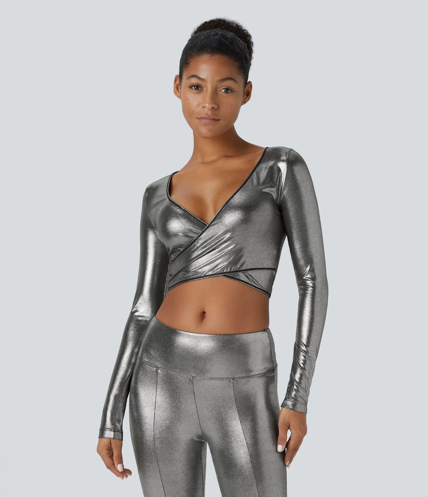 Softlyzero™ Faux Leather Deep V Neck Crossover Hem Long Sleeve Cropped Metallic Foil Print Stretchy Party Sports Top - PURE-YOGA