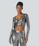 Softlyzero™ Faux Leather Deep V Neck Crossover Hem Long Sleeve Cropped Metallic Foil Print Stretchy Party Sports Top - PURE-YOGA