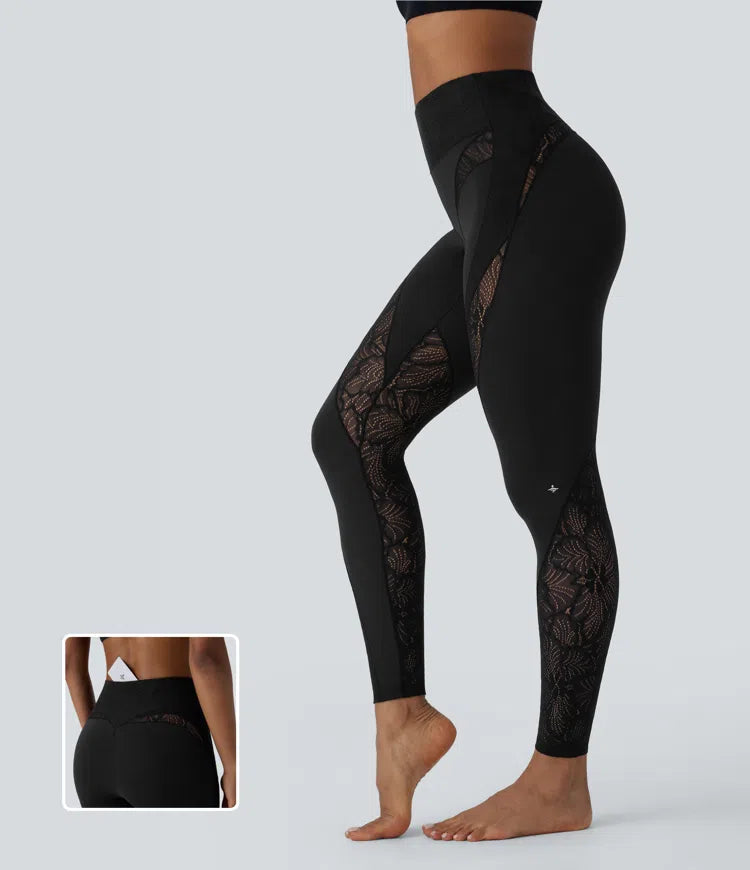 Softlyzero™ High Waisted Back Pocket Contrast Lace 7/8 Yoga Leggings-UPF50+ - PURE-YOGA