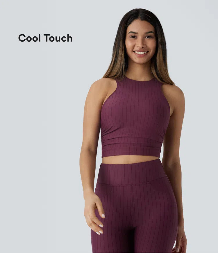 Ruched Stripe Cropped Cool Touch Yoga Sports Top - PURE-YOGA
