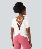 Cut Out Crisscross Twisted Back Short Sleeve Yoga Sports Top - PURE-YOGA