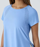 Boat Neck Short Sleeve Cut Out Split Cool Touch Workout Sports Top - PURE-YOGA