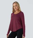 Backless Cowl Back Round Neck Thumb Hole Curved Hem Yoga Sports Top - PURE-YOGA