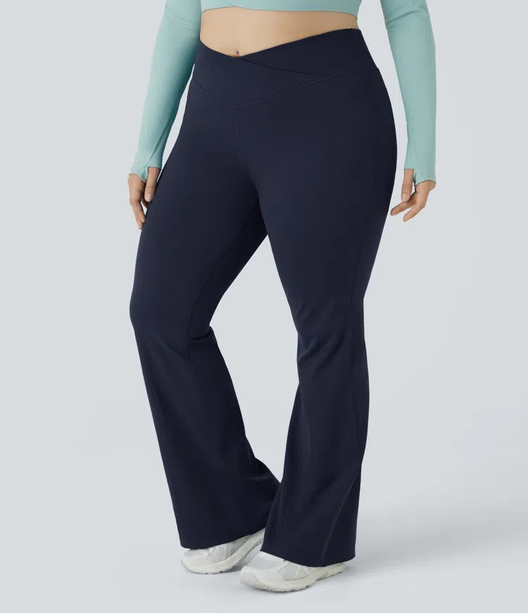 High Waisted Crossover Full Length Flare Plus Size Leggings - PURE-YOGA