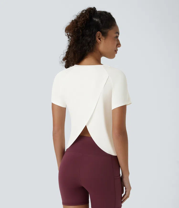 Contrast Mesh Split Hem Short Sleeve Cool Touch Yoga Sports Top-UPF50+ - PURE-YOGA