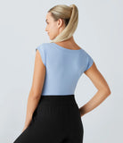 V Neck Cap Sleeve Slim Casual Sports Top - PURE-YOGA