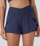 Breezeful™ High Waisted Crossover 2-in-1 Side Pocket Contrast Lace Quick Dry Yoga Shorts 3'' - PURE-YOGA