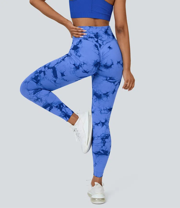Seamless Flow High Waisted Crossover Ruched Tie Dye Yoga Leggings - PURE-YOGA