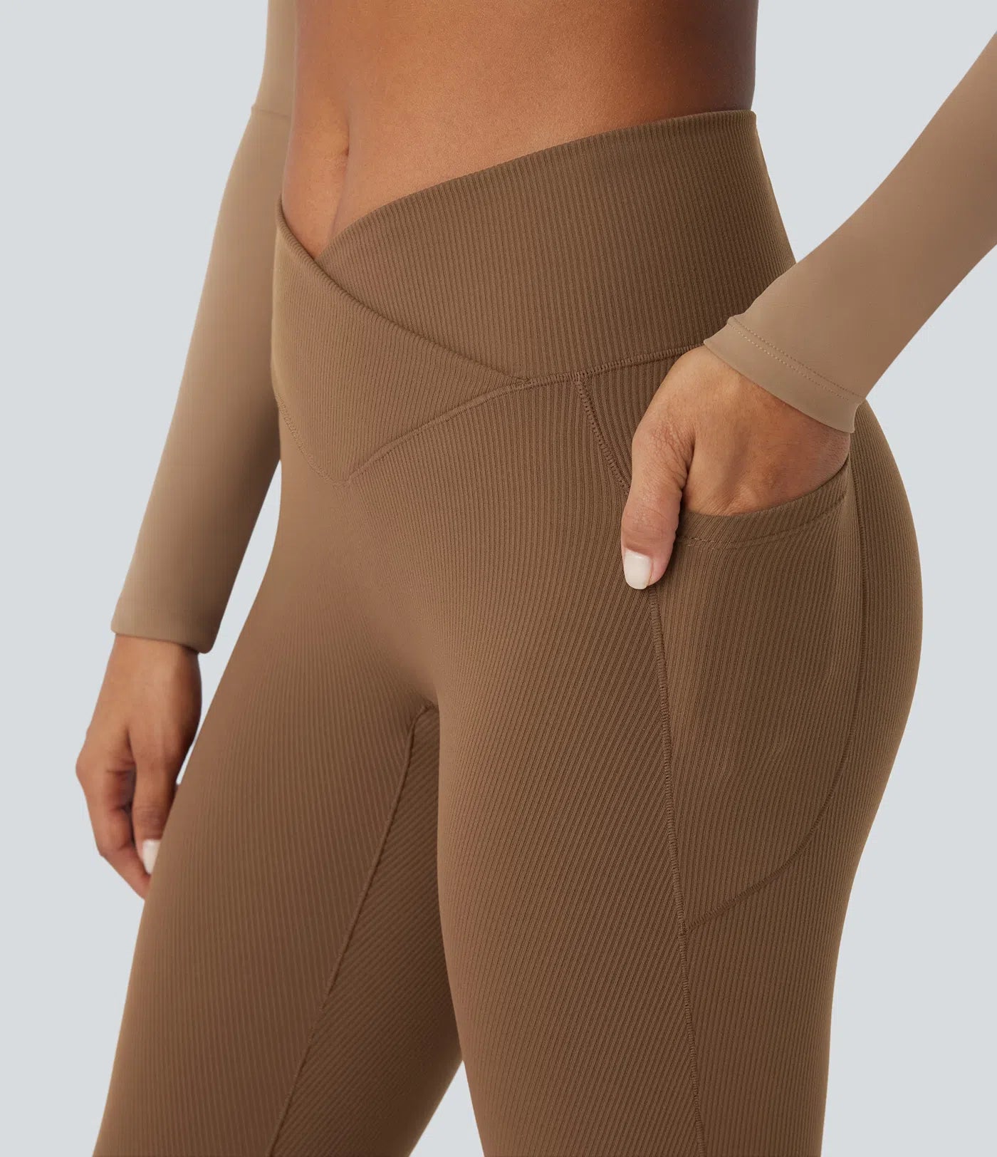 Softlyzero™ Ribbed High Waisted Tummy Control Crossover Side Pocket Plain Yoga 7/8 Leggings - PURE-YOGA