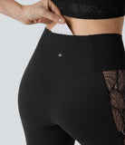 Softlyzero™ High Waisted Crossover Contrast Lace Capri Yoga Leggings-UPF50+ - PURE-YOGA