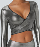 Softlyzero™ Faux Leather Deep V Neck Crossover Hem Long Sleeve Cropped Metallic Foil Print Stretchy Party Sports Top - PURE-YOGA