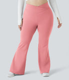 Crossover High Waisted Back Pocket Plus Size Super Flare Leggings - PURE-YOGA