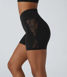 Softlyzero™ High Waisted Crossover Contrast Lace Back Pocket Yoga Biker Shorts 5''-UPF50+ - PURE-YOGA