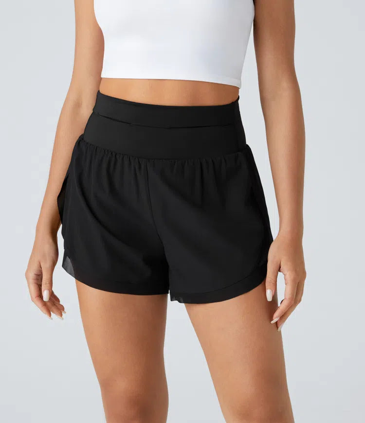 Breezeful™ High Waisted Pocket Contrast Mesh Curved Hem 2-in-1 Quick Dry Running Shorts - PURE-YOGA