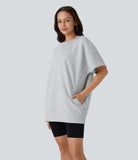 Round Neck Short Sleeve Side Pocket Oversize Casual Sports Top - PURE-YOGA