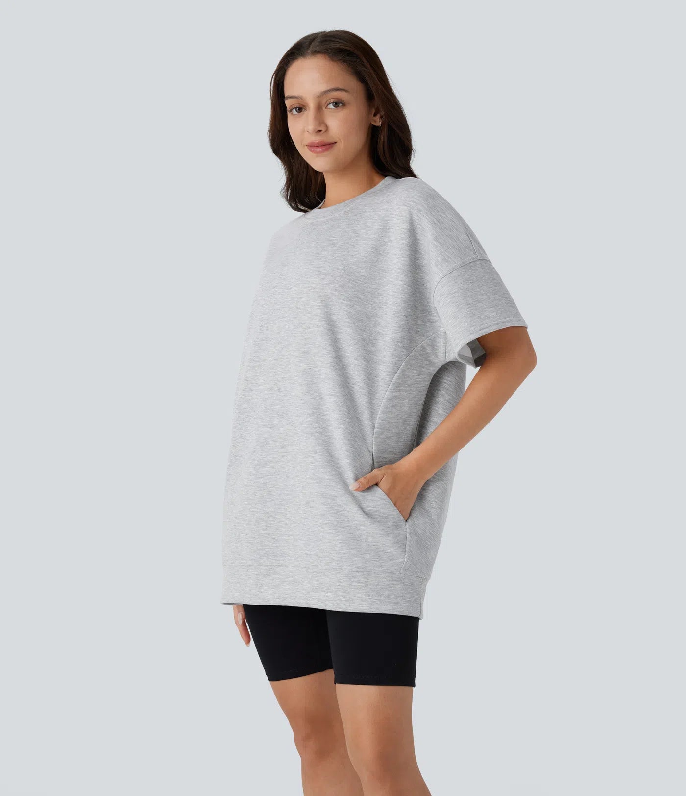 Round Neck Short Sleeve Side Pocket Oversize Casual Sports Top - PURE-YOGA