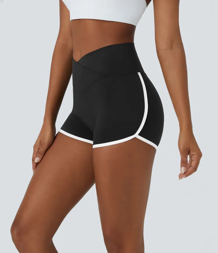 Softlyzero™ Airy High Waisted Crossover Color Block Butt Lifting Cool Touch Shorts 2.5''-UPF50+ - PURE-YOGA