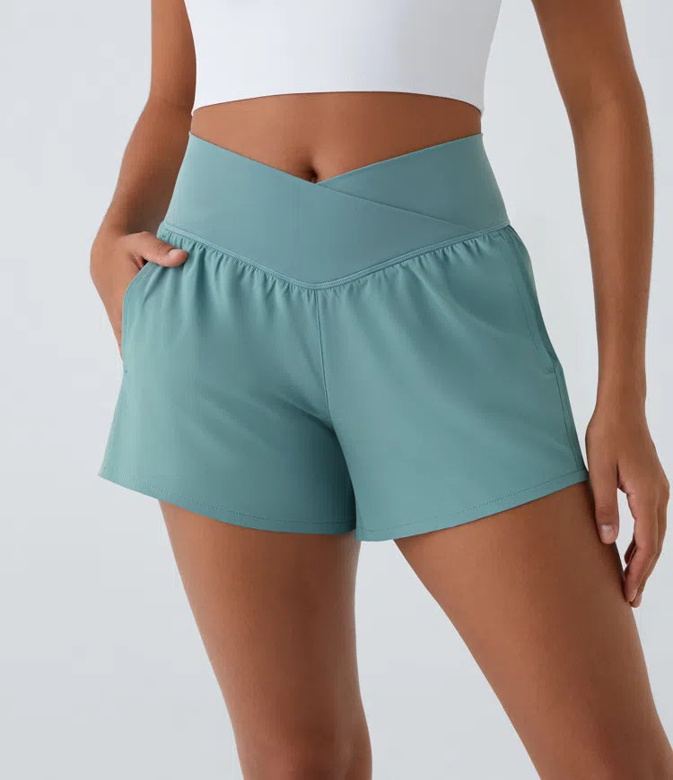 Breezeful™ High Waisted Crossover Side Pocket 2-in-1 Quick Dry Yoga Shorts 4" - PURE-YOGA