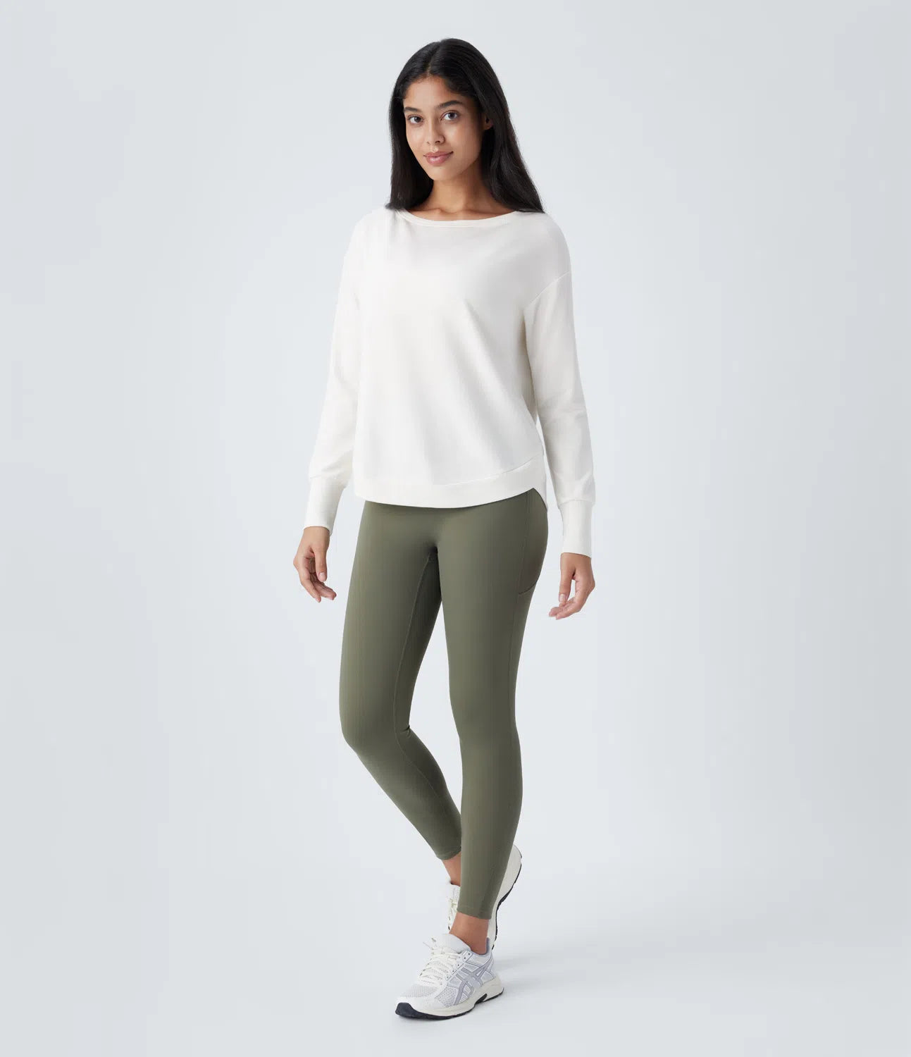 Boat Neck Long Sleeve Curved Hem Fleece Yoga Sports Top - PURE-YOGA