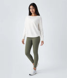 Boat Neck Long Sleeve Curved Hem Fleece Yoga Sports Top - PURE-YOGA