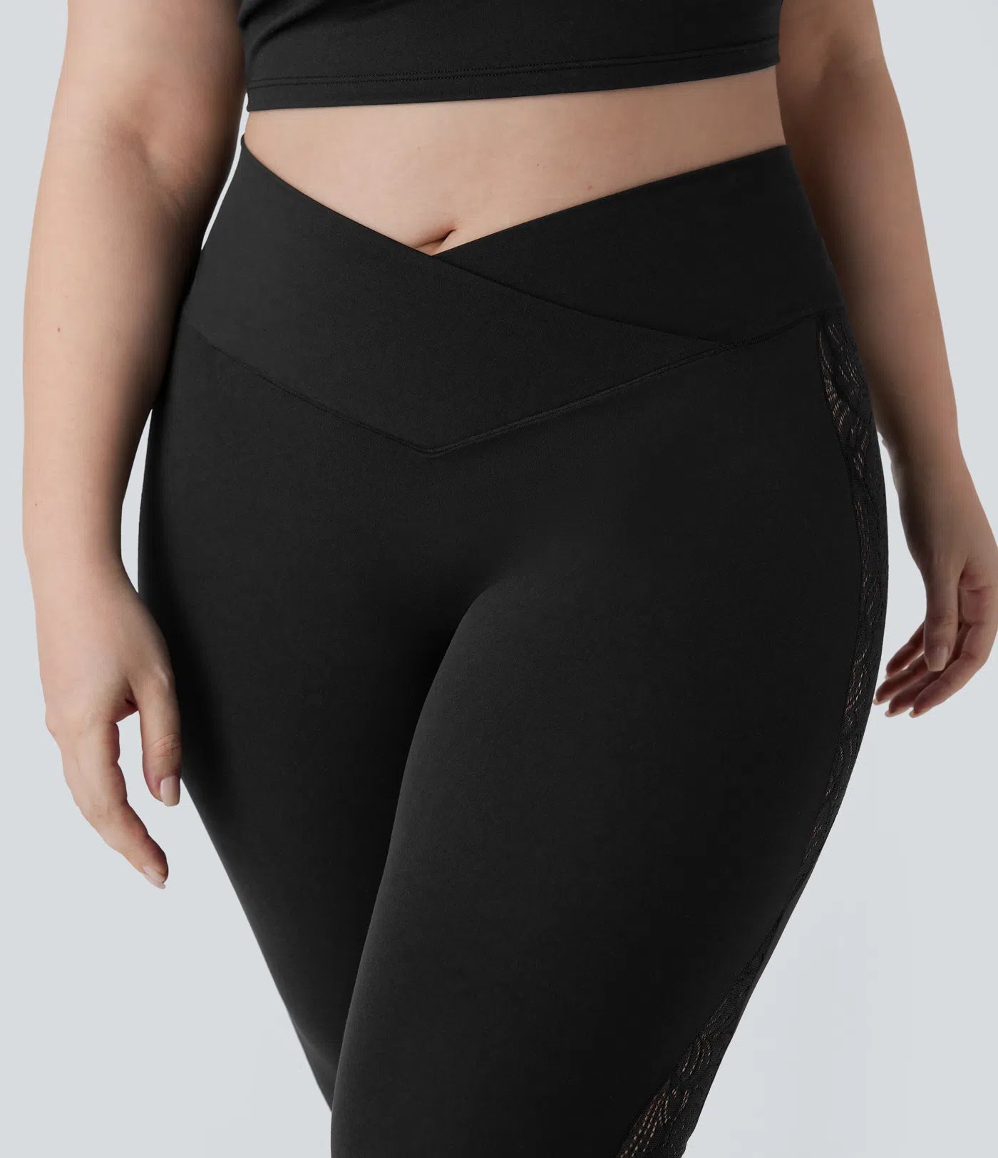 Softlyzero™ High Waisted Crossover Contrast Lace Back Pocket Yoga 7/8 Plus Size Leggings-UPF50+ - PURE-YOGA