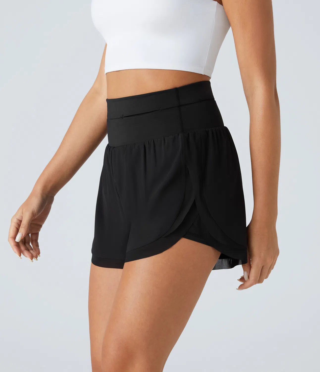 Breezeful™ High Waisted Pocket Contrast Mesh Curved Hem 2-in-1 Quick Dry Running Shorts - PURE-YOGA