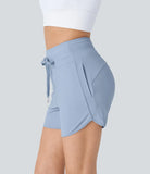 High Waisted Drawstring Multiple Pockets Curved Hem Yoga Shorts - PURE-YOGA