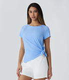 Boat Neck Short Sleeve Cut Out Split Cool Touch Workout Sports Top - PURE-YOGA