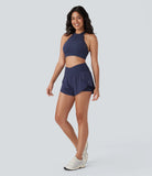 Breezeful™ High Waisted Crossover 2-in-1 Side Pocket Contrast Lace Quick Dry Yoga Shorts 3'' - PURE-YOGA